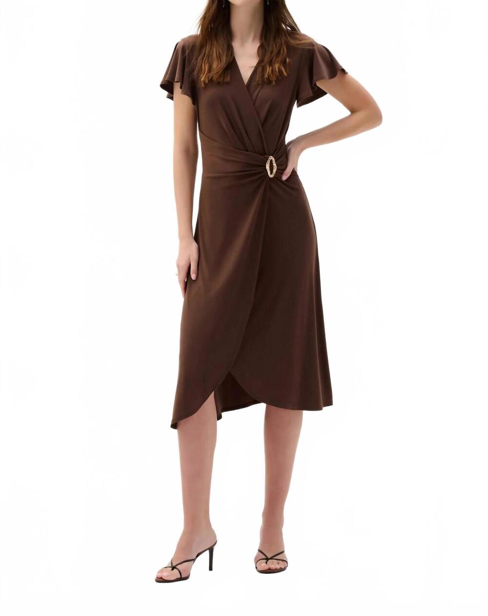 NEW JOSEPH RIBKOFF ruffled sleeves midi wrap dress in mahogany